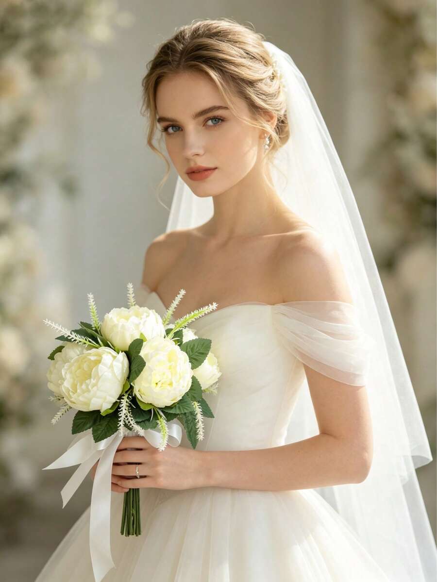 Bó hoa cưới cầm tay bằng hoa mẫu đơn trắng tinh khôi, loài hoa cưới vượt thời gian dành cho cô dâu. - màu xanh lợt - Xem 1