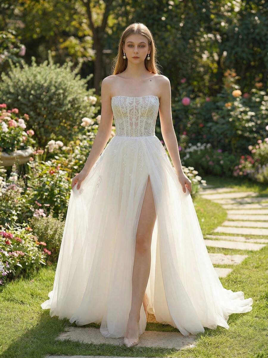 YOUKEFEIER Elegant Strapless Lace Embroidered High Slit Long Women's Wedding Dress Bridal Evening Gown Suitable For Indoor, Lawn, Beach Weddings