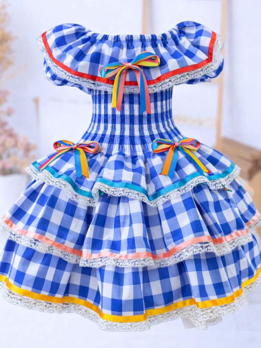 Children's And Teens' Country-Style Dress For June Festivals, Traditional Square Dances, Saint John's Day, Borboletinhas Kids - 藍色格子 - 查看 1
