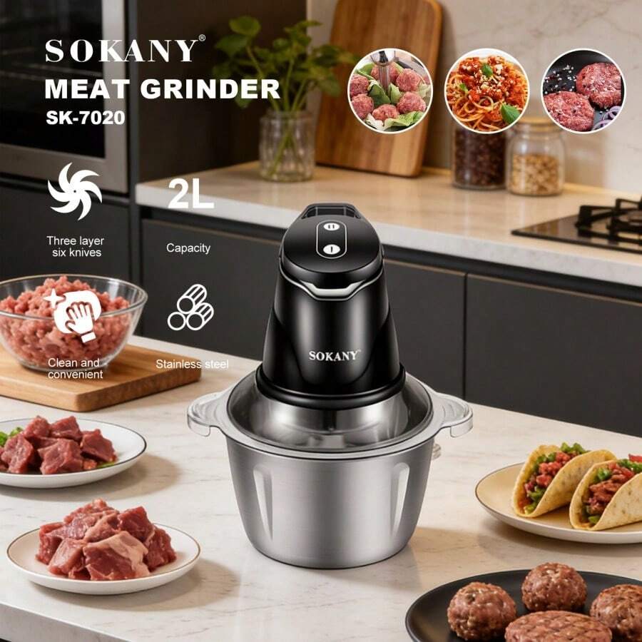 SOKANY7020 Home Meat Grinder, Stainless Steel Meat Grinder, 2L Large Capacity, 400W Powerful Motor, Dual Speed Control, Six-Blade Even Grinding, Stainless Steel Body, Meat/Baby Food/Vegetable Chopper All-In-One - View 1
