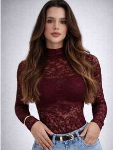 Women's Bodysuit With Transparent Lace, Long Sleeves, High Neck, Elegant, Autumn/Winter Fashion - 紅木色 - 查看 1