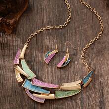 [Elegant Geometric Jewelry Set] KC Golden Plated Women's Jewelry Set - Elegant Geometric Link Necklace & Earrings, Vintage Bohemian Style, Daily Wear Or Parties, All-Season Accessory - 綠色 - 查看 10