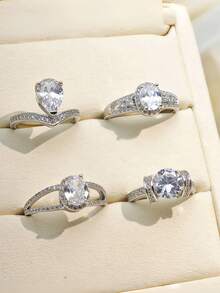 1pc Classic Fashion Wedding Ring, Women's Copper Plated Cubic Zirconia Closed Ring - Silver - View 4