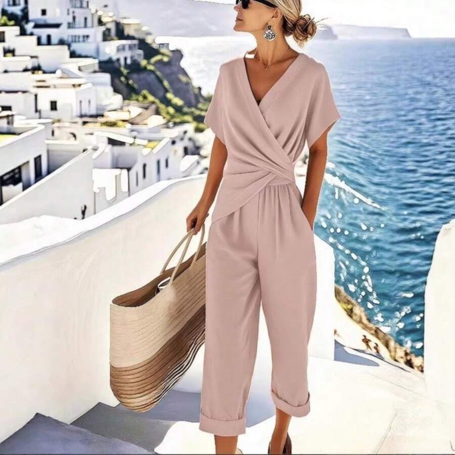 A Set Of Fashionable Multi-Color Jumpsuit Women's V-Neck Twisted Nine Inch Wide Leg Commuting Vacation Jumpsuit - 深色粉末 - 查看 1
