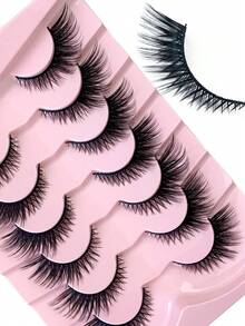 7对假睫毛，纤细自然款，猫眼款，仿貂毛蓬松条状假睫毛，猫眼款睫毛套装，浓密柔软假睫毛条 - 黑色 - 查看 7