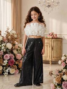 Tween Girl Floral Applique Spaghetti Strap Elegant Party Dress 2-Piece Set, Suitable For Girls Dresses Birthday Party, Prom, Wedding, Bridesmaid, Holiday Celebration - White - View 6