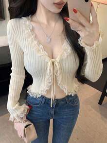新款春夏韩版修身荷叶边V领针织女式毛衣 - 杏色 - 查看 2