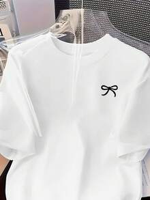 New Fashion Women's Round Neck T-Shirt, Bow Art Print, Casual, Comfortable And Versatile For Daily Wear, Spring Outfit - White - View 3