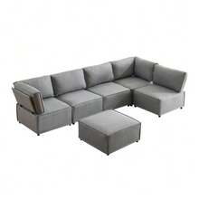 Set Of Semi-Compressed Modular Wooden Sofas, Versatile, Flexible And Easy To Connect, Suitable For Any Type Of Home, Upholstered In Beige Linen Fabric (Combination 2A+3B+C). - Light Grey - View 11