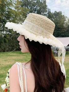 1 chiếc mũ rơm ren kiểu Pháp mùa hè mới, mũ rộng vành chống nắng có nơ dành cho nữ, thích hợp cho kỳ nghỉ đi biển hoặc du lịch. - A - Xem 7