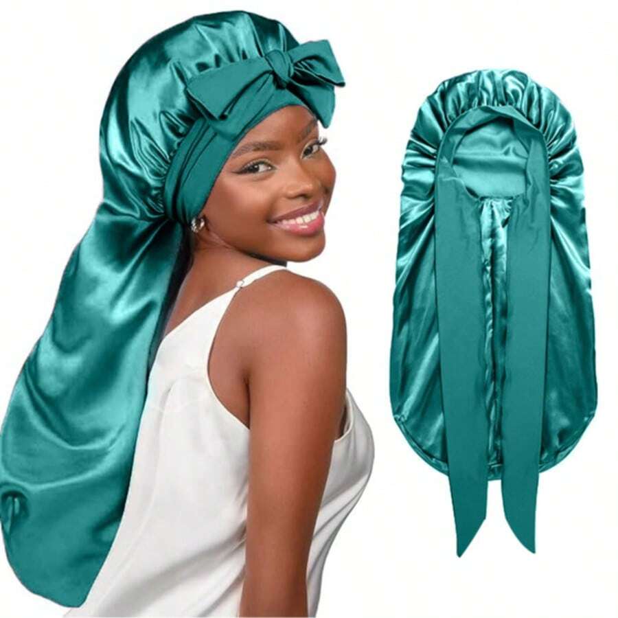 Double Layer Long Satin Bonnet For Sleeping Reversible Silk Bonnet For Long Hair Women Sleeping Cap With Tie Band Comfortable Soft Protect Your Hair 2026 New - 湖藍 - 查看 1