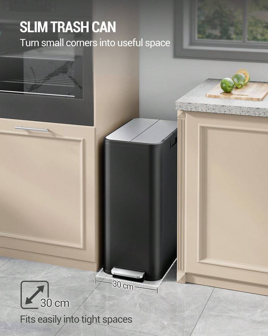 HEXCELEN Kitchen Trash Can, 2x28L Narrow Double-Chamber Design, With Foot Pedal, Waste Sorting System, Removable Inner Bin, Includes 15 Dedicated Trash Bags. - Black - View 1