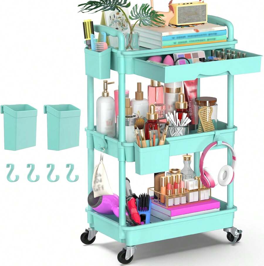 3-stufiger Aufbewahrungswagen mit Schublade, Mehrzweckwagen mit Kunststoffregal und feststellbaren Rädern, multifunktionaler Aufbewahrungswagen für Küche, Bad, Büro, Wohnzimmer - Blau - Übersicht 1