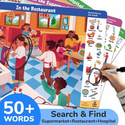 beartale Reusable Preschool Learning Activity Cards With 1 Whiteboard Marker, 3 Themes: "Supermarket + Restaurant + Hospital", Educational Toys, Travel Games Suitable For Road Trips, Cars And Planes, Promote Brain Development And Train Focus And Observation Skills For Children And Toddlers