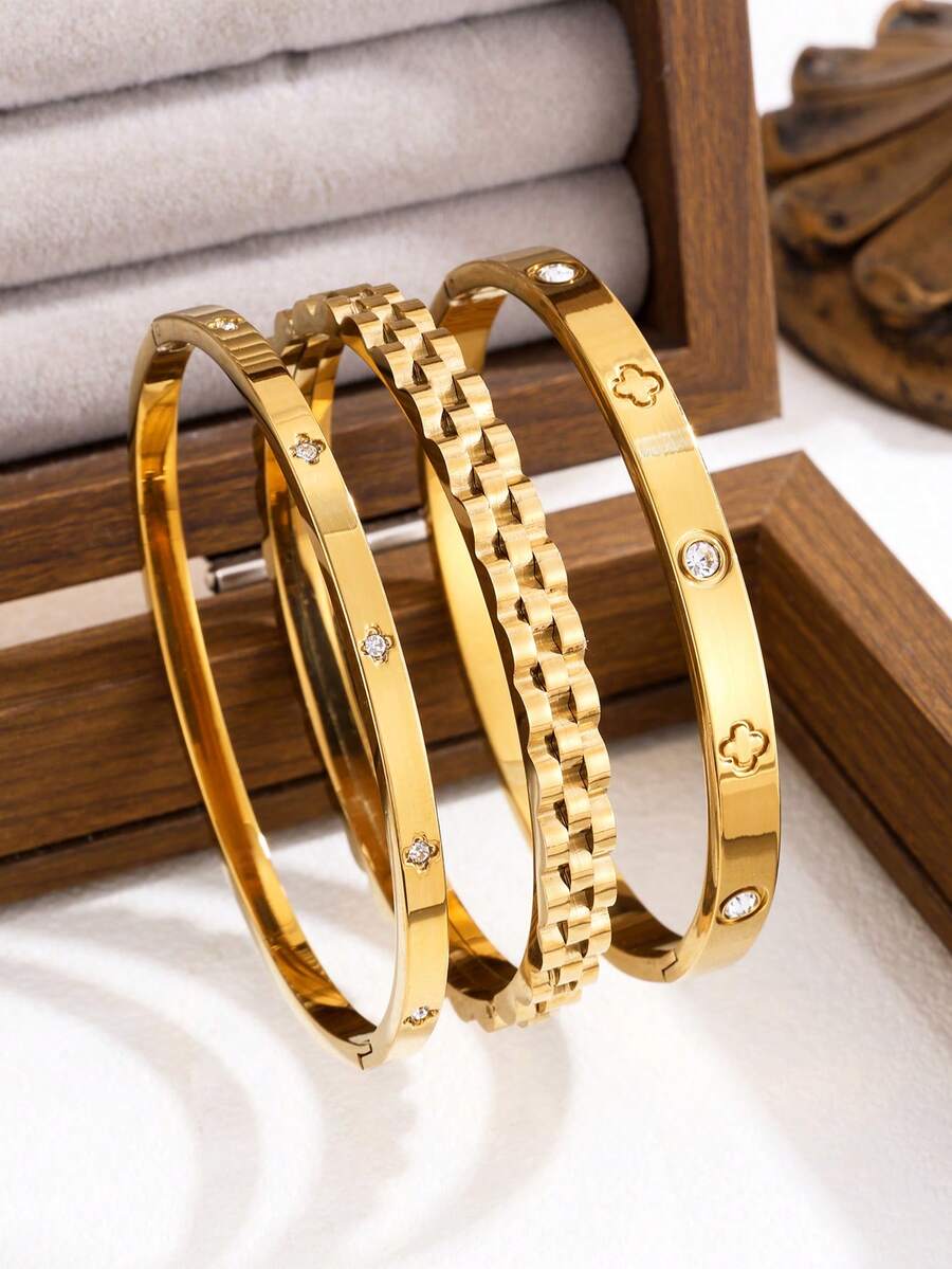Vòng tay xếp chồng bằng thép không gỉ mạ vàng 18K, thiết kế họa tiết cỏ bốn lá, thời trang và đa năng, phù hợp cho phụ nữ đeo hàng ngày, dự tiệc, ngày lễ, sinh nhật, đám cưới, Ngày Valentine, Ngày của Mẹ, cũng là món quà lý tưởng dành cho mẹ. - vòng tay kim cương - Xem 1