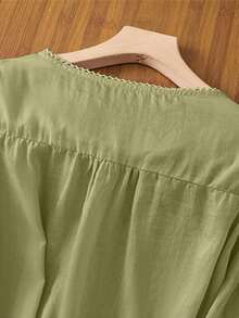 Plus Size Women's Embroidered Loose Bohemian Vintage Blouse, Casual Spring/Summer Top - Green - View 9
