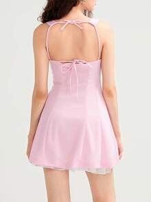 Womens Summer Corset Mini Dress Fashion Sleeveless Bow Tie Strap Solid Color Skater Tank Dress - Rosa - Ver 8