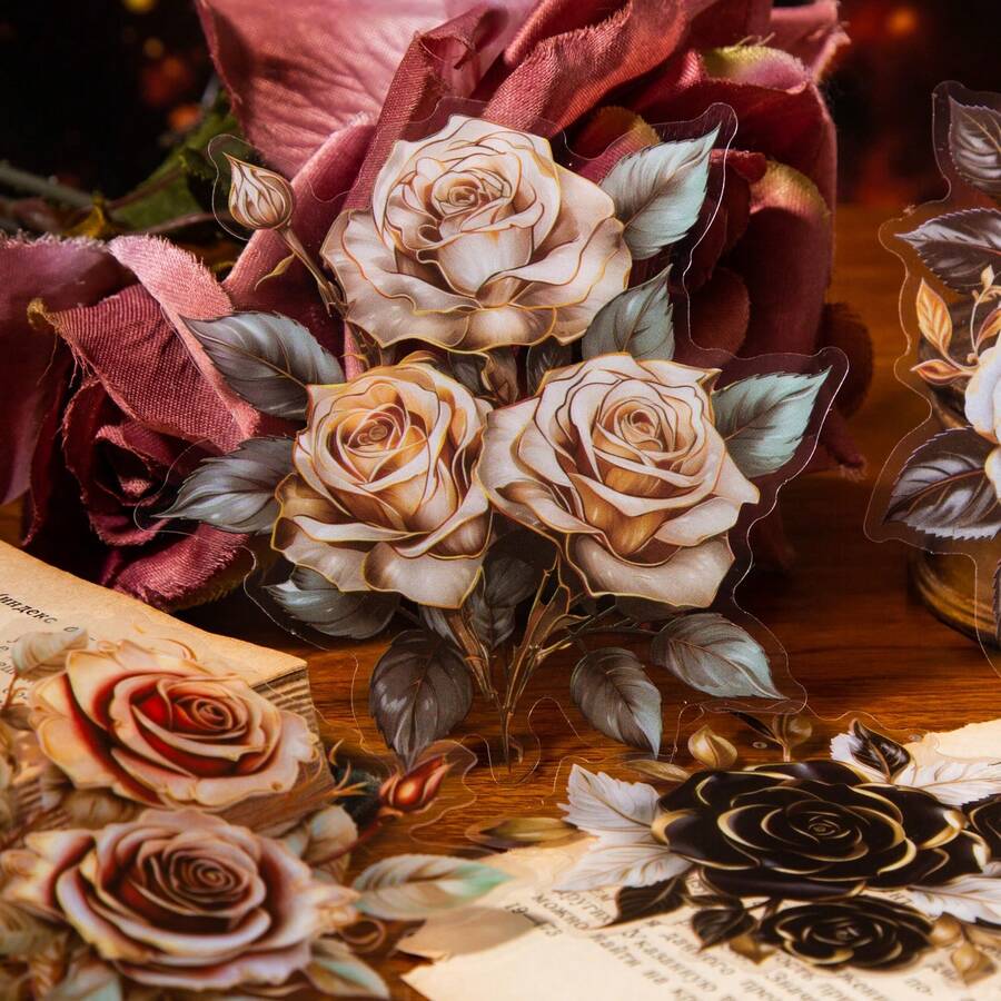 10 piezas/paquete Grandes pegatinas con tema de rosas, pegatinas decorativas vintage creativas, materiales de manualidades para decoración DIY, regalo de vacaciones, suministros escolares personalizados para scrapbooking - Estilo 4 - Ver 1
