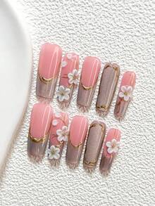 10片猫眼造型手工美甲套装，压制假指甲，手工白色五瓣花美甲装饰，粉色指甲油，奢华舒缓风格，包含美甲工具（1个果冻贴纸+1个指甲锉），三种尺寸可选：杏仁形、鸭嘴形、棺材形，适合派对、日常佩戴、聚会、拍照、春夏通勤等场合。 - 彩色 - 查看 11