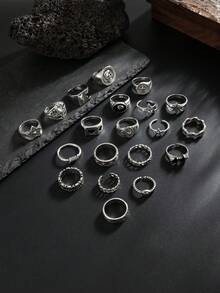 20pcs Y2K Millennium Style Multi-Piece Ring Set, Vintage Silver Star, Skull, Spade Design, Versatile Hiphop Rings For Teenagers And Students - Silver - View 4