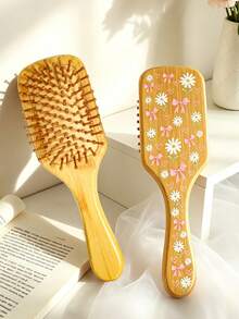 1支竹制气垫按摩发梳，柔软气垫设计，可爱雏菊蝴蝶结图案，防静电造型梳（女士适用） - 彩色 - 查看 9