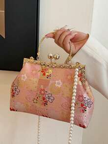 Bolso de embrague bordado con estampado de cuadros, bolso bandolera con perlas falsas, bolso de noche retro, bolso de vestido formal - Rosa - Ver 11