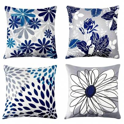 4pcs Blue Floral Pattern Pillowcase, Hand Wash Only, Zipper Closure Decorative Pillow Covers, Suitable For Bedroom And Living Room - Pillow Insert Not Included