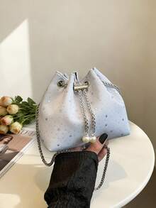 1个尼龙纯色抽绳链条水桶包，星月图案斜挎单肩包，时尚珍珠装饰，女士款 - 淺藍色 - 查看 4