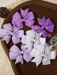 6pcs Solid Color Satin Ribbon French Style Bow Hair Clips, Suitable For Various Hairstyles - Purple - View 1
