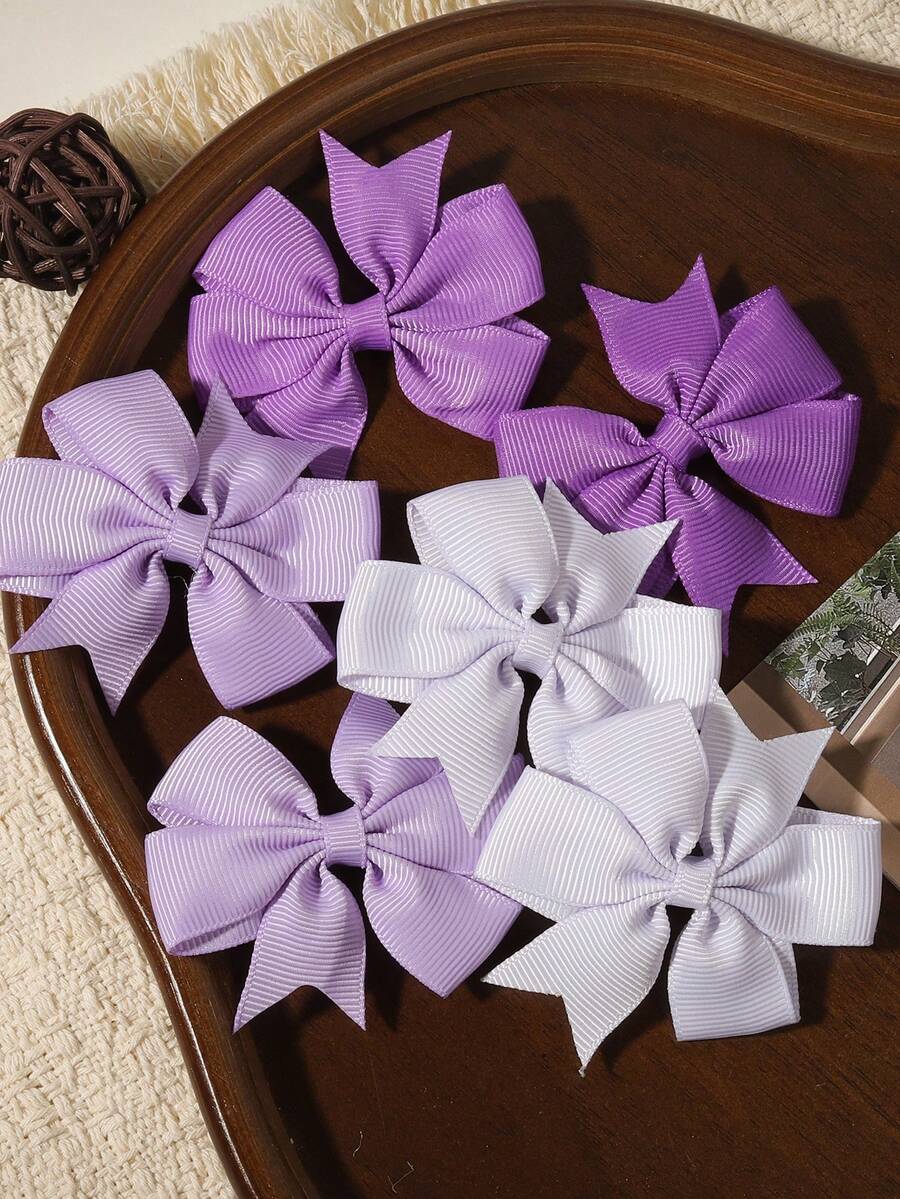 6pcs Solid Color Satin Ribbon French Style Bow Hair Clips, Suitable For Various Hairstyles - Purple - View 1