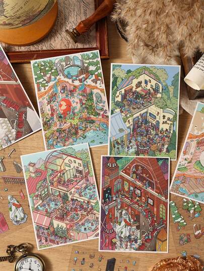 3D Cute Cartoon City Landscape Postcards, Detailed Illustration Greeting Cards, Suitable For Scrapbooking, Journals, Wall Decor, Gift Packaging, Stationery