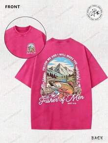 Matthew's Gospel, Fishing, Fisherman, Religion, 230g Double-Sided Printed Batik Vintage Washed T-Shirt, 100% Cotton, Comfortable For Summer Wear, Simple And Casual, Men's Cool Short-Sleeve T-Shirt - 紅色 - 查看 2