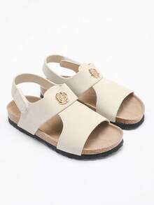 1 Pair Girls' Gold Floral Emblem Decor Faux Suede Upper, Rubber Sole With Soft Cork Midsole, Non-Slip Shock Absorbing Open Toe Hook And Loop Strap Flat Sandals, Fashionable Casual For Daily & Holiday Wear - Beige - View 2