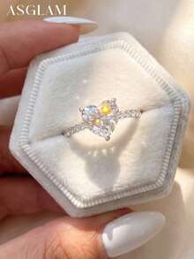 1枚优雅时尚的铂金镀层白锆石925纯银心形戒指，奢华珠宝礼物，适合女性周年纪念/生日 - 銀色 - 查看 2