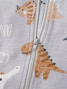 Set de 2 piezas Mono de cuello redondo con estampado de dinosaurio para niños pequeños, marrón y gris - Café integral - Ver 8