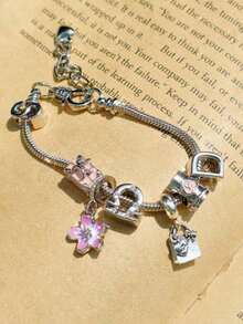 1pc Pink Cherry Blossom Charm Bracelet, 12 Zodiac Signs Commemorative Bracelet, Luggage & Shopping Bag Commemorative Bracelet, Cute Flower Charm Bracelet - Hồng - Xem 4