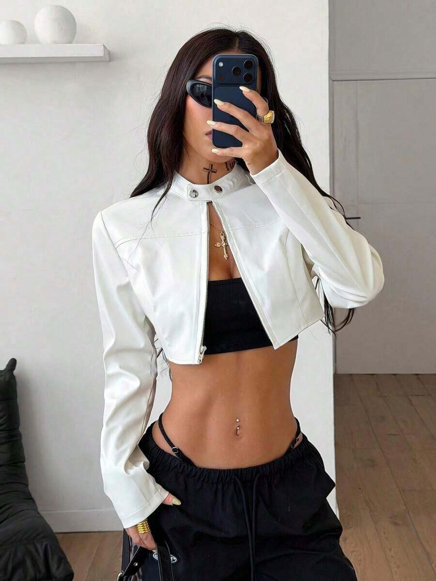 Women's Fall/Winter Streetwear Rave Hippie Athleisure Y2K Basic Leather Comfortable Zip Up Black Slim Fit Crop Long Sleeve Coat,Fall,Fall For Women - 白色 - 查看 1