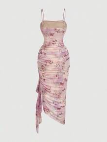 Vestido largo con tirantes finos, estampado mariposa vintage degradado, pliegues con volantes y falda asimétrica con abertura, ideal para San Valentín, fiestas, cócteles y eventos de verano - Azul - Ver 7