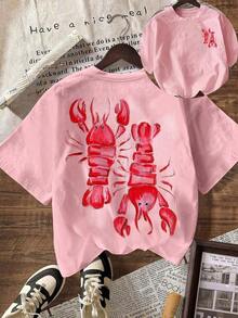 Y2K Pink Lobster Summer Beach Club Women Casual Round Neck Short Sleeve T-Shirt,Free Shipping, Clothes Women,Summer Tops For Women,Cotton Women Clothing - 淺粉色 - 查看 7