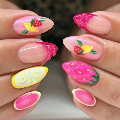24-Piece 3D Three-Dimensional Strawberry Lemon Fake Nail Set, Almond-Shaped Pale Yellow Summer Fruit Fake Nails, Summer Fruit Theme, 3D Relief Design, Decorated With Cute Strawberry And Lemon Patterns, Reusable Fake Nails, Nail Decoration, Nail Art, Summer Nails, Suitable For Women For Summer Beach Vacations, Daily Commutes, Dates, Parties To Wear, And Also A Thoughtful Gift For Relatives And Friends Who Love Cute Fruit Style And 3D Three-Dimensional Nail Art.