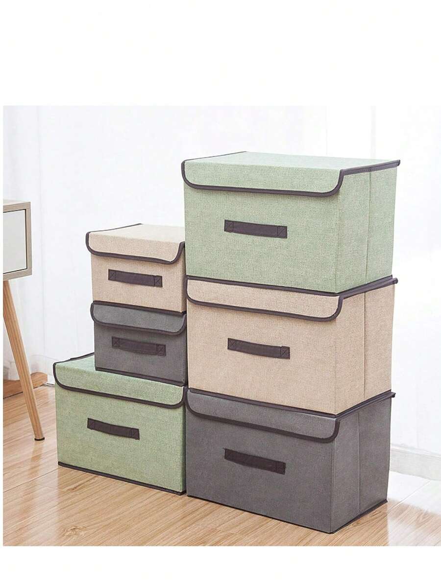 1pc Dustproof Linen Fabric Storage Box With Handle, Foldable And Stackable, Suitable For Storing Toys, Books, Cosmetics, Perfect For Wardrobe, Bedroom, Living Room, Kids Room, Dorm, Office, Apartment - Khaki - View 1