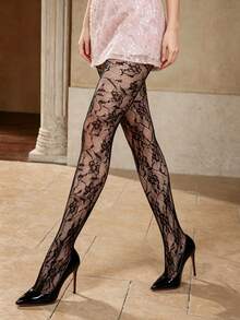1 Pair Black Floral Jacquard Sexy Unique Patterned Mesh Stockings, Suitable For Daily Wear - Multicolor - View 6