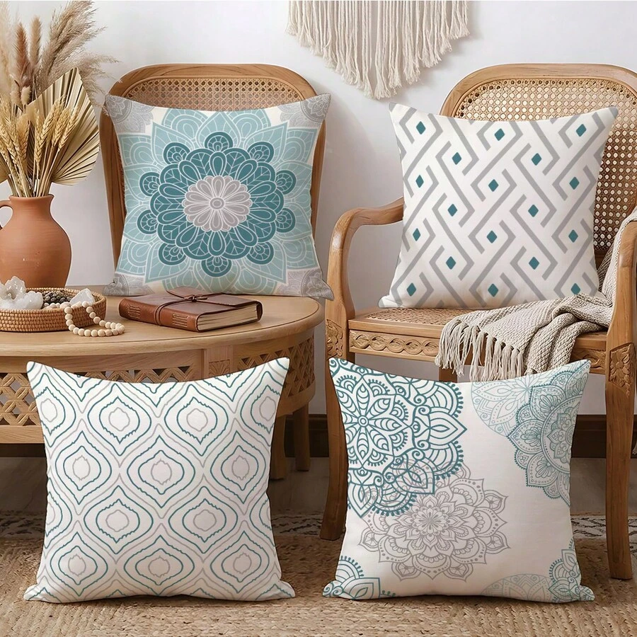 Bộ 4 vỏ gối phong cách Bohemian màu xám xanh in họa tiết hoa văn Mandala hình học [Không kèm ruột gối], kích thước 17.7*17.7in (45*45cm)/19.69*19.69in (50*50cm)/15.75*15.75in (40*40cm), [In một mặt], Chất liệu polyester, Vỏ gối sofa họa tiết hình thoi hình học màu xanh lá cây, Trang trí phòng, Trang trí nhà cửa, Trang trí phòng ngủ, Đồ trang trí phòng cho sofa, phòng khách, phòng ngủ, xe hơi, văn phòng, khách sạn, nhà nghỉ, Món quà hoàn hảo cho gia đình và bạn bè - Nhiều màu - Xem 1