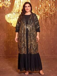 SUPGIR [Random Print] Plus Size Women Long Sleeve Reversible Waist Belt Sequin Patchwork Evening Dress Spring - Gold - View 5