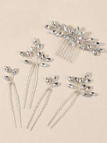 5PCS/SET Silver Rhinestone Bridal Hair Comb & Pins Set, Crystal Leaf Wedding Hair Accessories,Bridal Silver Rhinestone Hair Accessories Set, 1 Hair Comb And 4 U-Shaped Hair Pins,Festival,Birthday - Silver - View 6