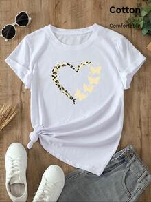 T-shirt en coton femme minimaliste et artistique, motif léopard, cœur, papillon. Top ample à manches courtes, col rond, style ajusté. 97% coton respirant et extensible. Convient pour les sports et le port quotidien - Blanc - Voir 1