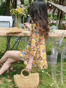 Summer New Loose Sweet 3/4 Sleeve Round Neck Doll Shirt, Fashionable Batwing Sleeve Floral Blouse Vacation Spring - Ginger - View 8