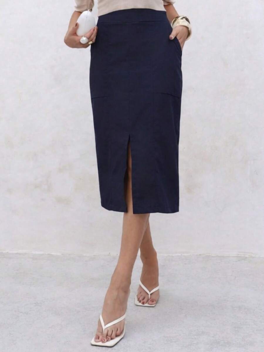 Linen Midi Skirt With Stylish Slit And Flexible Waistband - 藏蓝色 - 查看 1