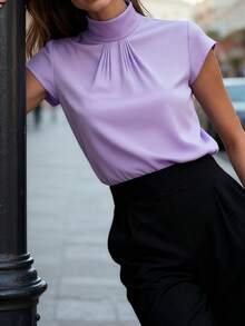 Women's Elegant Mandarin Collar Short Sleeve Blouse - Crisp White Satin-Like Fabric, Versatile For Work, Party, Spring/Summer/Autumn, Classic Solid Color, Crease-Resistant Design, Flattering - Mauve Purple - View 4