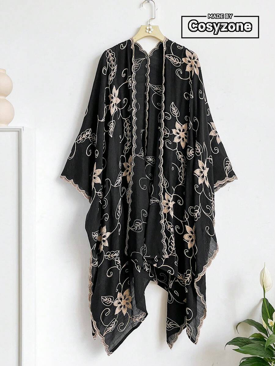 1pc Elegant Floral Embroidered Bohemian Style Shawl Cardigan, Lightweight Versatile Spring/Summer Beach Cover Up, Fashion Accessory Suitable For Daily Wear And Gift - Black - View 1